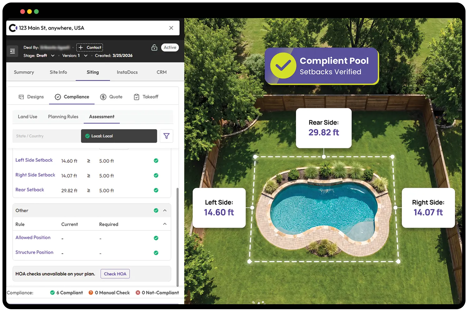 Canibuild siting tool showing a pool placed on an aerial view of a property with setback compliance checks